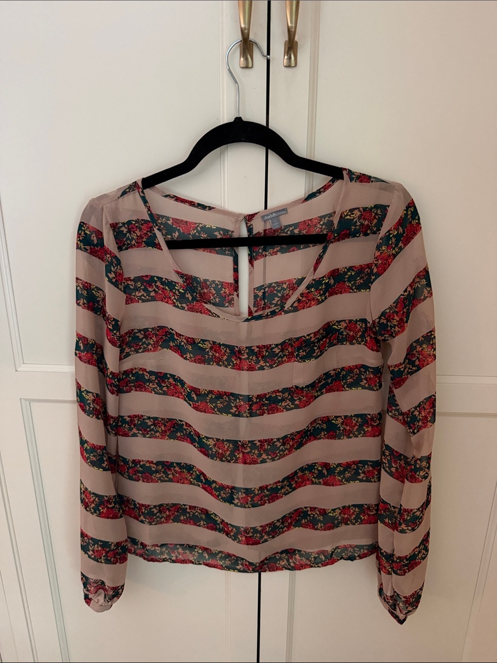 Charlotte Russe Striped Floral Long-Sleeve Blouse in Blush Pink